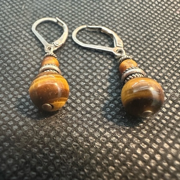 Sterling and Tigers Eye Dangle Earrings - Picture 1 of 4